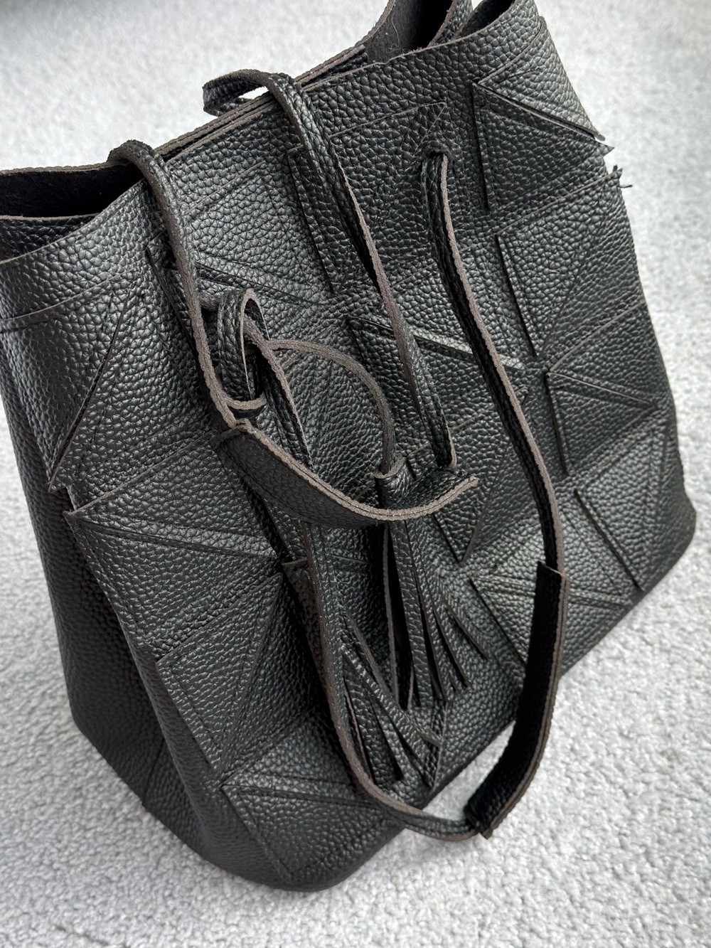 Black Textured Tote Bag with Tassel